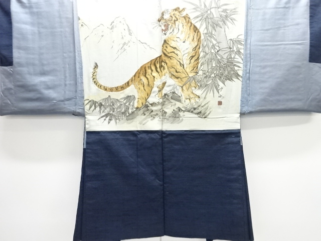 アンティーク　竹笹に虎模様肩裏手織り紬男物羽織